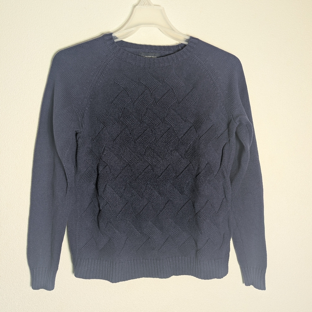 Lands' End Drifter Navy Blue Cable Knit Fisherman Midweight Cotton Sweater Large